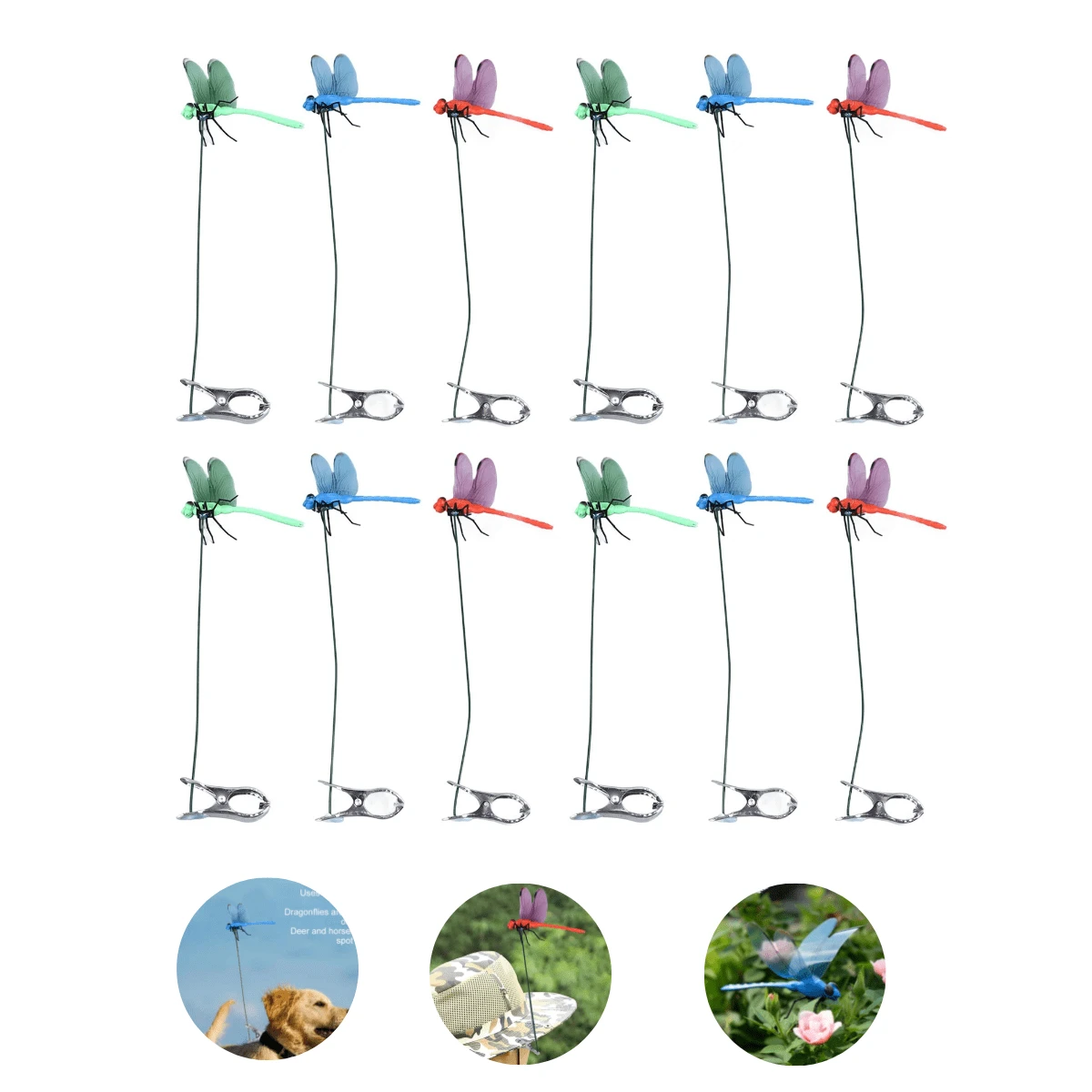 12-Pack Realistic Artificial Dragonfly Garden Stakes Decorations, 3D Waterproof Lifelike Dragonflies On Wooden Stems For Outdoor Indoor Decor - Includes Table Centerpiece, Wall, Post & Micro Landscape Arrangement For Garden, Patio, Home, Shop - 彩色 - 查看 1