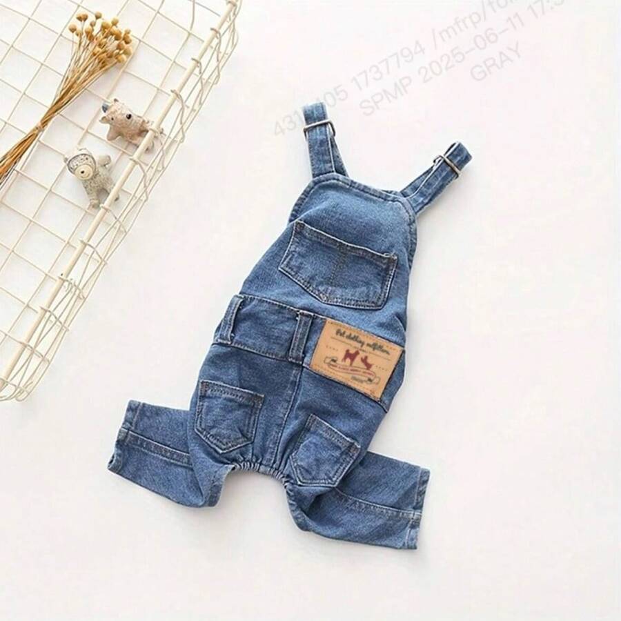1pc Pet Dog Fashionable Denim Elastic Suspender Pants, Comfortable Jumpsuit Overalls For French Bulldog, Pug, Chihuahua, Teddy, Pomeranian And Other Small To Medium Sized Dogs - Blue - View 1