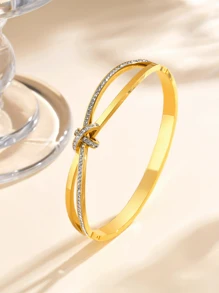 1pc Fashion Elegant Cross Diamond Knot Stainless Steel Electroplated 18k Gold Ladies Bracelet, Suitable For Daily And Banquet Wear.