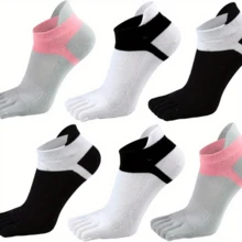 Local Delivery- [Toe Separator Fitness Socks] 6 Pairs Of Unisex Cotton 5-Finger Sports Socks, Breathable Knit Athletic Ankle Socks With Toe Separator Design For Jogging, Biking, Golf, Fitness & Travel