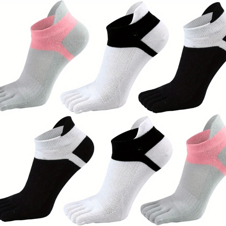 Local Delivery- [Toe Separator Fitness Socks] 6 Pairs Of Unisex Cotton 5-Finger Sports Socks, Breathable Knit Athletic Ankle Socks With Toe Separator Design For Jogging, Biking, Golf, Fitness & Travel