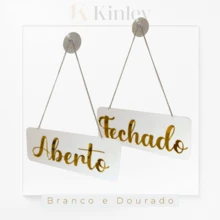 Placa  de Sinalização Aberto Fechado Com Ventosa - Branco e Dourado - Visão 2