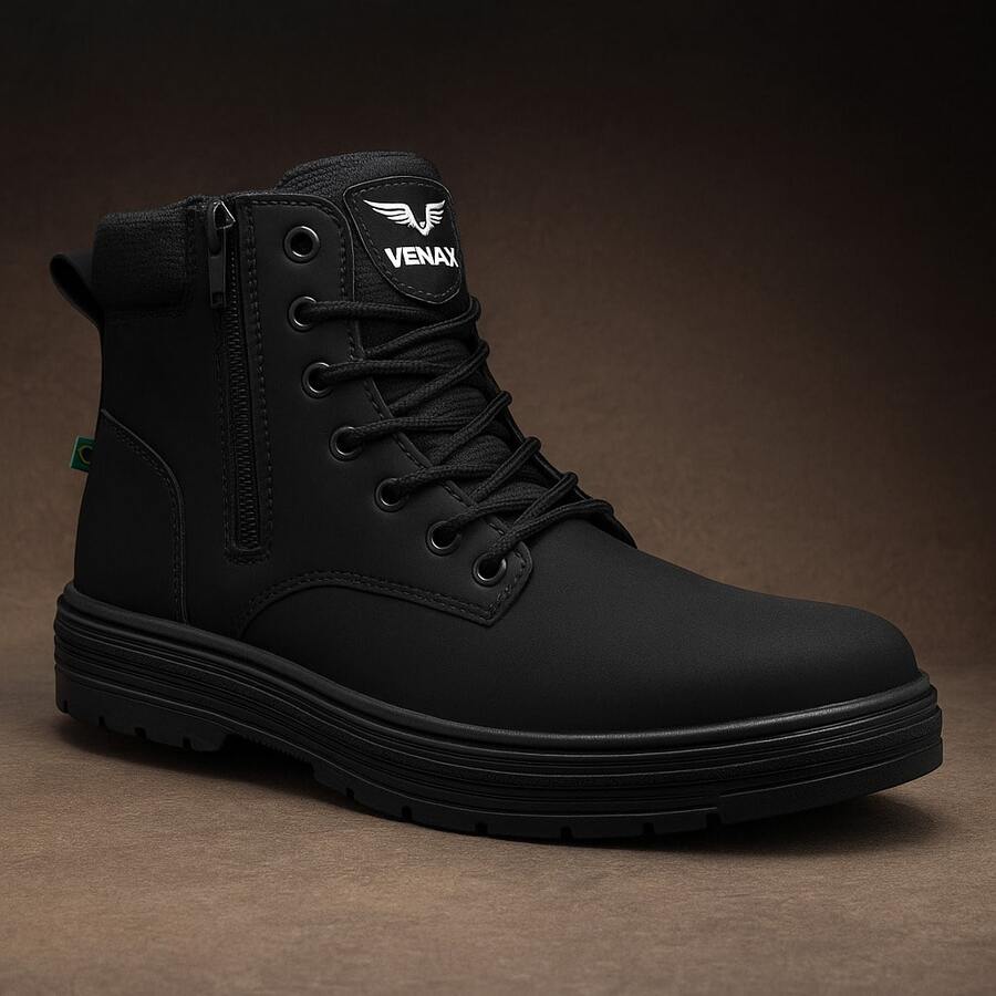 Men's Motorcycle Boots With Stitched Sole, Ground Grip, Lace-Up, Mid-Calf Work - 黑色 - 查看 1