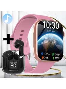 多功能智能手表 Watch9，带音乐、电话、消息、天气、步数追踪，配有耳机或表带 - 黑色 - 查看 9