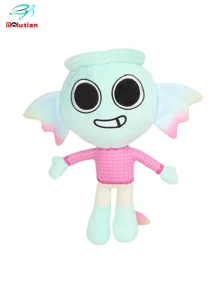Molutian Muñeco de peluche de personaje azul con temática de juego Bobette, con lazo rosa, bufanda a rayas rojas y blancas, y zapatos blancos, perfecto para decoraciones de fiestas en el hogar y regalos de juegos, accesorio de decoración de fiestas | Diseño de personaje juguetón | Material de peluche suave, Juguetes de peluche