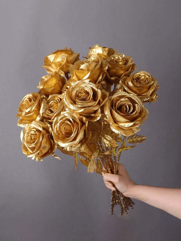 2/5/9 stuks kunstmatige gouden rozenbloemscènedecoratie, kunstmatige rode rozenbloemscènedecoratie, zijden rozenboeket Valentijnsdagfeestdecoratie, levensechte neprozen voor bruiloftsdecoratie, bloemstuk langs de weg, huisdecoratie