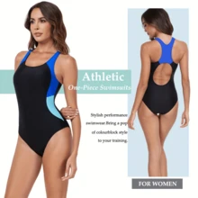 Local Delivery- Women's Athletic Racerback One-Piece Swimsuit - Colorblock Geometric Design, Removable Chest Pads & High Elasticity Sporty Training Swimwear For Swimming, Water Aerobics, Beach & Pool, Medium Elasticity Fabric, Comfortable Fit Suit, Poolside Fashion, Durable Swimwear Material, Women - Dark Pink - View 2