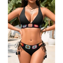 Local Delivery- Tropical Floral Embroidered Bikini - Popular For Spring/Summer 2025, Essential For Summer Beach - 黑色 - 查看 2