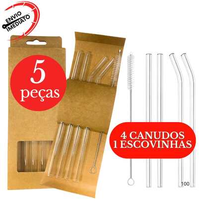 Kit Canudos De Vidro 2 Curvados 2 Retos Com Escova Fácil Limpeza Reutilizáveis Ecológicos Drinks