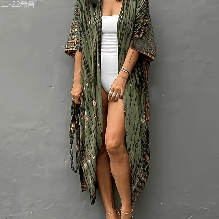 Local Delivery- [Tie Dye Women's Kimono Swimsuit] Stylish Tie Dye Open Front Long Kimono Swimsuit Cover Up For Women - 軍綠色 - 查看 1