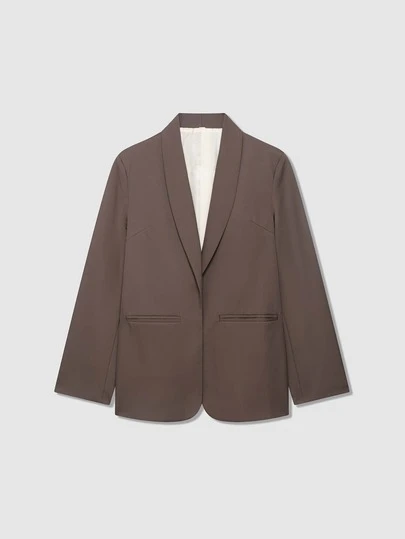 女士纯色披肩领长袖口袋办公室装优雅西装外套，棕色外套，适合春秋冬秋季女士服装