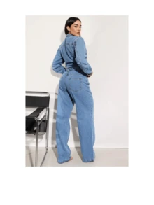 Women's Wide Leg Simple Casual Jeans Pocket Evening Denim Jumpsuit - 淺色水洗藍 - 查看 2