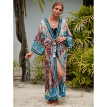 Local Delivery- Womens Beach Cover Up Cardigan - Extra-Long, Vibrant Printed, Adjustable Drawstring, UPF Sun Protection, Relaxed Fit, Perfect For Beach Vacations, Pool Days, And Outdoor Adventures - Sky Blue - 查看 3