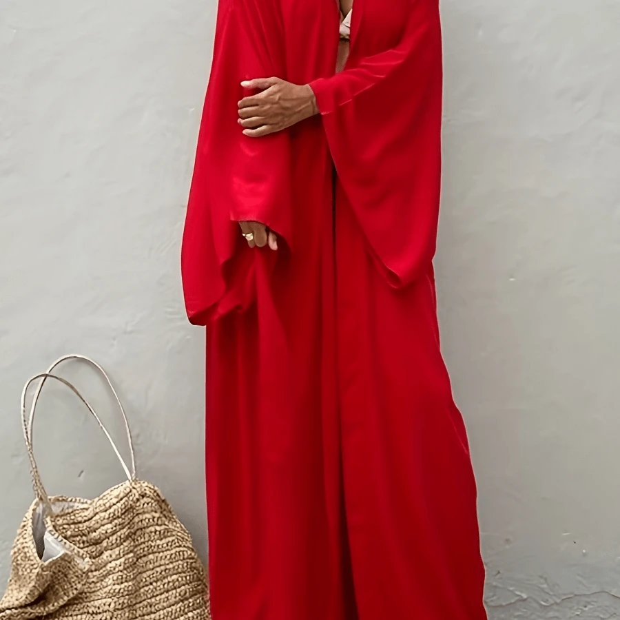 Local Delivery- Women's Lightweight Beach Kimono Cardigan - Robe-Like Swim Cover Up With Tie Waist, Non-Transparent Wrap For Poolside, Vacation & Everyday - Elegant Swimwear Layering Piece In Red (All-Season), Poolside Accessory, Flowing Silhouette, Vneck Design, Fitted Waist Belt, Durable Tie Closure - Đỏ - Xem 1