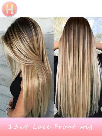 Halloween Costume Wig 26Inch High-Temperature Ombre Straight Wig] 13X4 Lace Front Wigs With Baby Hair Elegant Ombre Straight Synthetic Wig For Women Natural Blonde Highlights, Medium Part, Perfect For Daily & Party Wear