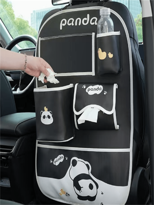 Cute Cartoon Car Seat Back Organizer, Multi-Pocket Storage Bag With Kick Mats, Faux Leather, Universal Fit For Vehicle Interior Accessories, Car Seat Back Organizer, Cartoon Panda Car Trash Can Leather Durable And Easy To Clean Car Storage Bag