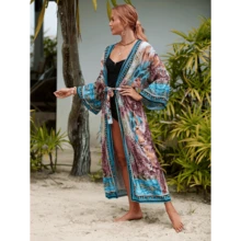 Local Delivery- Womens Beach Cover Up Cardigan - Extra-Long, Vibrant Printed, Adjustable Drawstring, UPF Sun Protection, Relaxed Fit, Perfect For Beach Vacations, Pool Days, And Outdoor Adventures - 橘色 - 查看 3
