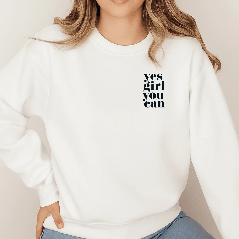 Crew Neck Sweatshirt With Yes Girl, You Can Print 049 Women's Cold Weather Top, Regular Fit, Hoodless And Pocketless Tracksuit - 白色 - 查看 1