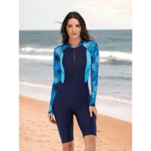 Local Delivery- [Quick-Dry Swimsuit] Quick-Dry High-Stretch Women's One-Piece Swimsuit | Long-Sleeve, Tropical Leaf Print, Mid-Leg Length, Blue & Black Design, Diving Gear, Durable Swimwear, High Waisted