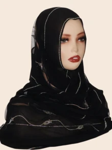 1pc Women's Hijab, Fashion Scarf With Rhinestone Decor, Chiffon Fabric, Malaysian Style, Middle East Design