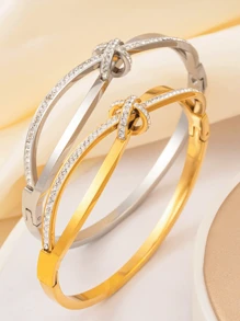 1pc Fashion Elegant Cross Diamond Knot Stainless Steel Electroplated 18k Gold Ladies Bracelet, Suitable For Daily And Banquet Wear.