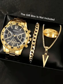 4-Piece Luxury Gift Set For Men: Stainless Steel Quartz Watch With Precise Analog Display, Cross Pendant Necklace, Bracelet And Ring, Perfect For Business, Casual And Sports Occasions - Ideal Gift For Him