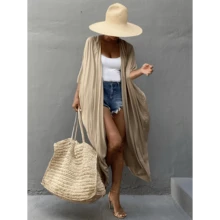 Local Delivery- Casual Plus Size Beach Cover-Up - Women's Solid Color Kimono Cardigan With Tie Waist, Batwing Sleeves, And Asymmetrical Hem - Perfect For Home & Vacation Wear - [紅色的] - 查看 2