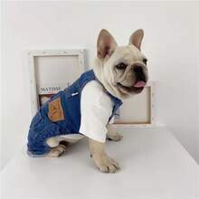 1pc Pet Dog Fashionable Denim Elastic Suspender Pants, Comfortable Jumpsuit Overalls For French Bulldog, Pug, Chihuahua, Teddy, Pomeranian And Other Small To Medium Sized Dogs - Blue - View 6