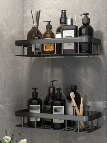 1/2pcs Anti-Rust Shower Corner Rack With Hooks, Wall Mounted Adhesive Shower Storage Shelf, Bathroom Storage Rack, Floating Wall Mounted Rack Back To School