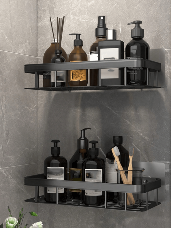 1/2pcs Anti-Rust Shower Corner Rack With Hooks, Wall Mounted Adhesive Shower Storage Shelf, Bathroom Storage Rack, Floating Wall Mounted Rack Back To School