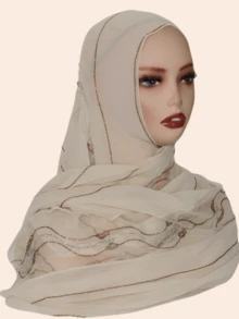 1pc Women's Hijab, Fashion Scarf With Rhinestone Decor, Chiffon Fabric, Malaysian Style, Middle East Design
