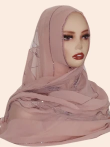 1pc Women's Hijab, Fashion Scarf With Rhinestone Decor, Chiffon Fabric, Malaysian Style, Middle East Design