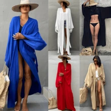 Local Delivery- Women's Lightweight Beach Kimono Cardigan - Robe-Like Swim Cover Up With Tie Waist, Non-Transparent Wrap For Poolside, Vacation & Everyday - Elegant Swimwear Layering Piece In Red (All-Season), Poolside Accessory, Flowing Silhouette, Vneck Design, Fitted Waist Belt, Durable Tie Closure - Đỏ - Xem 2