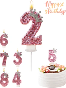 New Alloy Crown Decor 0-9 Digit Candles, Birthday Cake Decoration, Party Candles, Atmosphere Party Supplies, Romantic Party Supplies, Birthday Candles, Personal Party, Graduation Party, Halloween, Christmas, Birthday Party, Etc. Cake Decoration, Baking Decoration, Creative Digital Birthday Candles, Birthday Cake Decoration Candles, Valentine's Day Decoration, Suitable For 1 Year - 100 Year Old Birthday Party Cake Decoration - Pink - View 3
