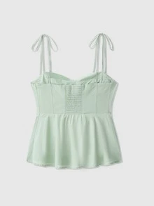 Women's Casual Solid Color Ruched Bust Twist Shoulder Peplum Cami Top, Summer - Light Green - View 2