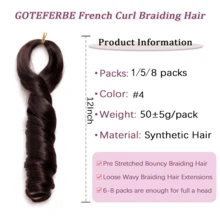 法式卷发辫子 12/16/24 英寸卷发辫子 1/3/8 包预拉伸法式卷发辫子合成接发轻盈发质女士蓬松波浪辫子辫子自然黑色，4# - 黑棕色 - 查看 2
