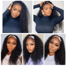 200% Density Deep Curly Headband Wigs Ready To Wear Wigs Water Wave Curly Glueless None Lace Frontal Wigs Glueless Full Machine Made Hair Wigs For Beginners Women Daily Use Natural Black Color Jerry Curly Natural Curly Wigs For Halloween Parties, Holidays And Cosplay Christmas - Natural & Black - View 7