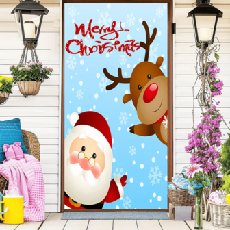 圣诞老人与鹿圣诞门装饰横幅、节日派对背景挂毯幕墙装饰