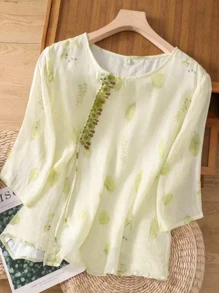 Blusa holgada de manga 3/4 con estampado floral aleatorio para mujer, elegante y estilizadora, ideal para primavera/verano