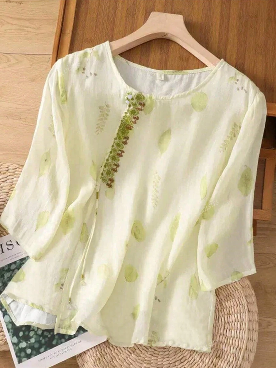 Blusa holgada de manga 3/4 con estampado floral aleatorio para mujer, elegante y estilizadora, ideal para primavera/verano