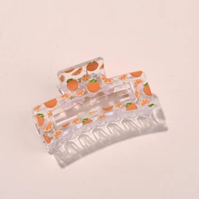 2Pcs Square Fruit Printed Transparent Women's Hair Clip, Retro Elegant Style, Fruit And Flower Pattern Design, Durable Resin Hair Clip For All Seasons, Hair Clip For Showering, Suitable For Home, Travel, Party Decoration, Holiday Gifts Back To School