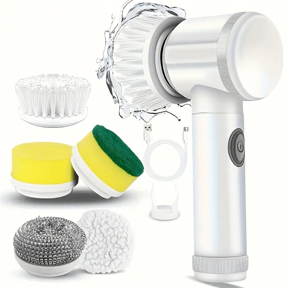 SOKANY 5-In-1 Household Multifunctional Electric Cleaning Brush, USB Charging, One-Button Start.Wall-Mounted Design, Easy To Store.A Variety Of Brush Heads (Hard Bristle Brush + Scouring Pad + Steel Ball Brush Head + Sponge Brush Head + Lamb Down Brush), Suitable For A Variety Of Scenes, Kitchen/Bedroom/Toilet/Living Room.