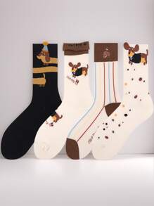 "4 Pairs Of Stylish Brown Striped Dog Print Socks For Women - Mid-Calf Casual Socks For Spring, Summer, And Autumn - Cute Dachshund Design"