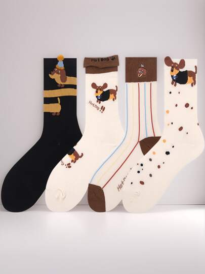 4 Paar stilvolle braun gestreifte Hunde-Muster Socken für Frauen - Knöchel-Socken für Frühling, Sommer und Herbst - süßes Dackel-Design