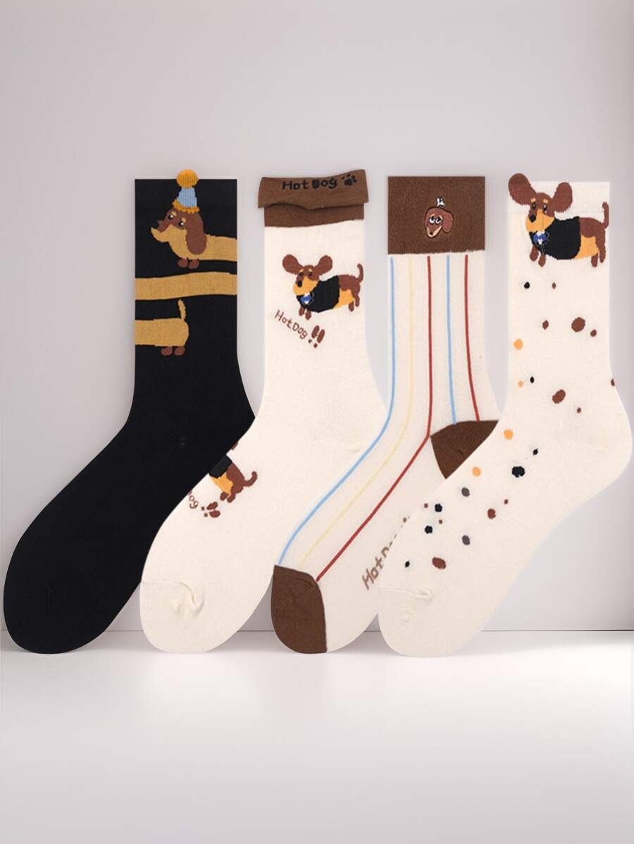 "4 Pairs Of Stylish Brown Striped Dog Print Socks For Women - Mid-Calf Casual Socks For Spring, Summer, And Autumn - Cute Dachshund Design"