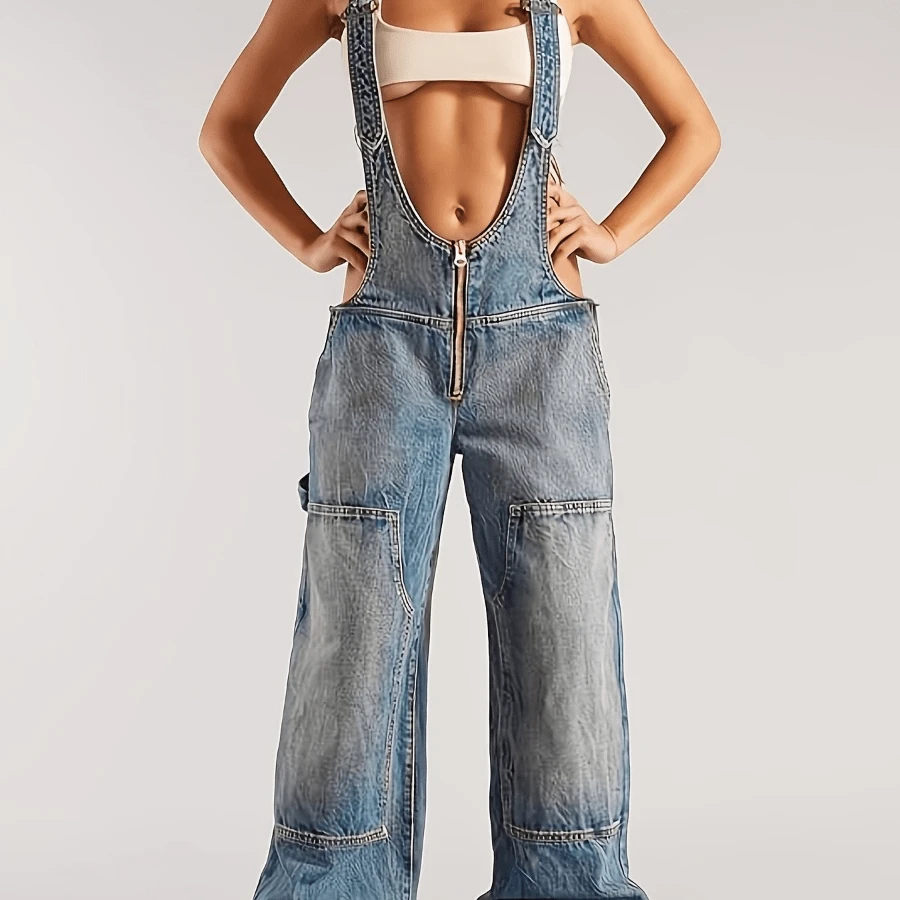 Local Delivery- Denim Jumpsuit For Women Overalls - Adjustable Straps, Zipper, Non-Stretch Fabric - Loose Straight Leg Wide Jumpsuit For Everyday Wear All Seasons - Light Blue - 查看 1