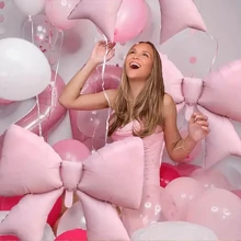 2 peças Balões em formato de laço rosa com laço rosa claro fosco de alumínio, usados para decoração de laço, aniversários, Dia dos Namorados, festas de aniversário em família, casamentos, suprimentos de decoração de fotos, decoração de festa de aniversário de princesa