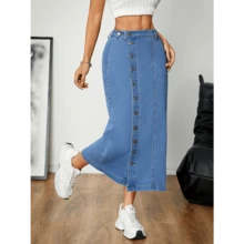 Local Delivery- [Denim Midi Skirt] Elegant Women's Denim Midi Skirt | Versatile Front Button-Fly Design, Stretch Cotton-Polyester Blend | Machine Washable & Dry Clean Safe, Multi-Wear Style For Spring, Summer & Autumn - Màu xanh trung bình - Xem 3