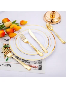 10/25/50/75/150 件镀金餐具套装，甜点蛋糕沙拉叉勺，意大利面叉，晚餐刀，甜点勺，派对餐具，适用于生日派对，婚礼，新娘送礼会，乔迁派对