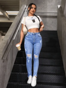 Pantalones vaqueros skinny de talle alto rotos - Azul lavado medio - Ver 2